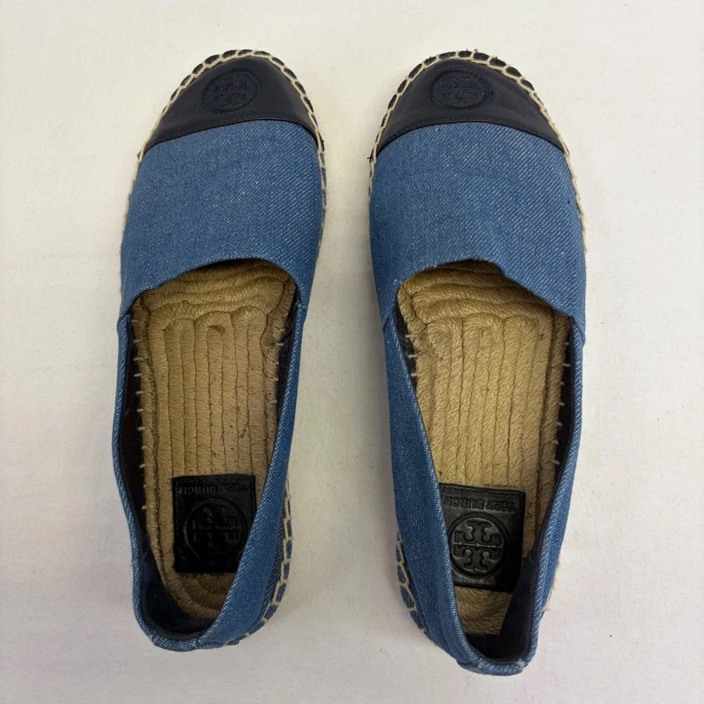 Tory Burch Espadrille Flats Womens 7.5 Blue Denim Leather Cap Toe Nautical 46767
